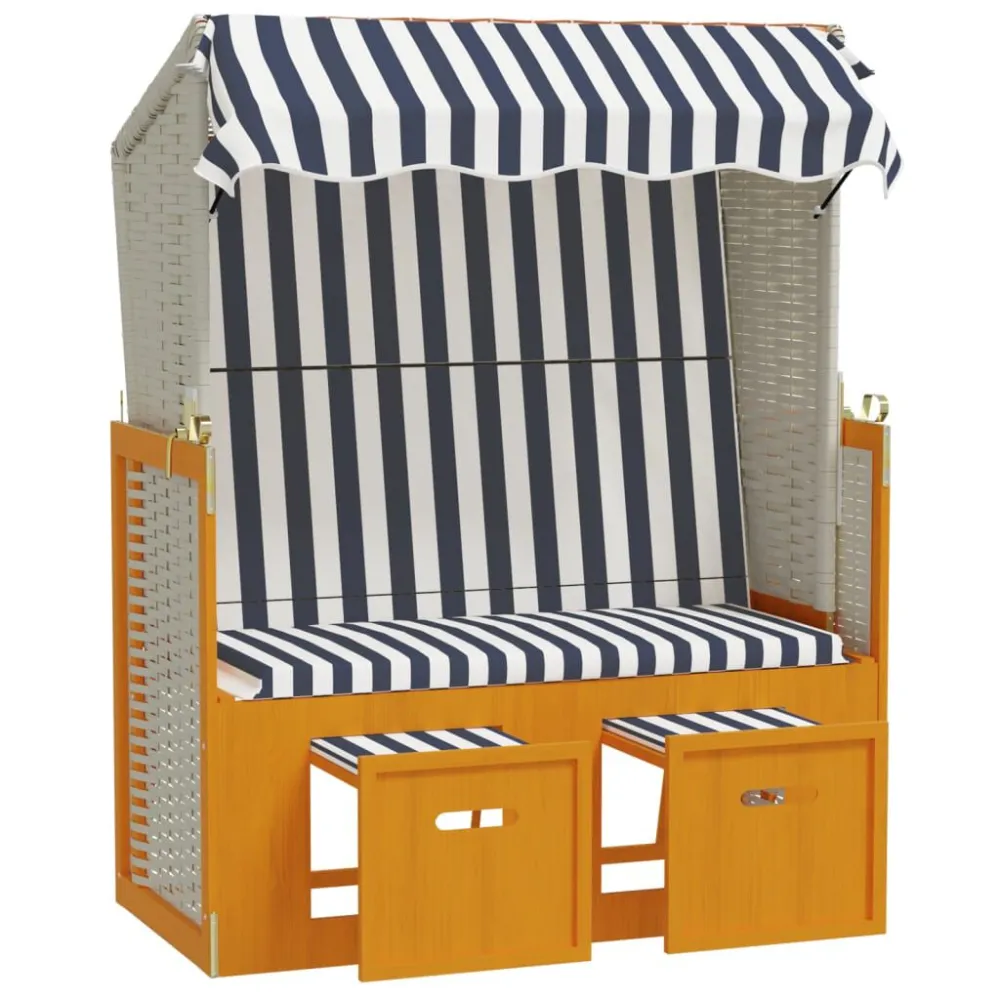 Strandkorb com toldo vime PE e madeira maciç branco e azul