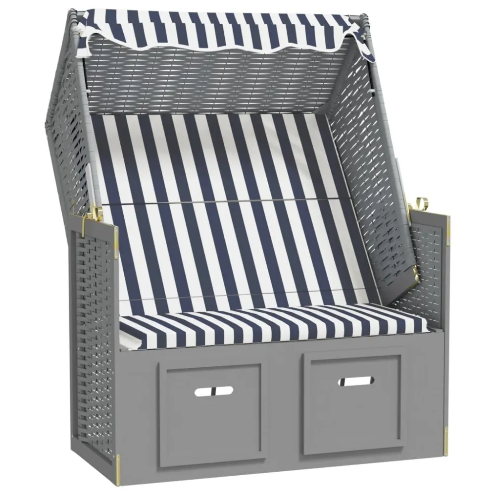 Strandkorb com toldo vime PE e madeira maciç azul e branco