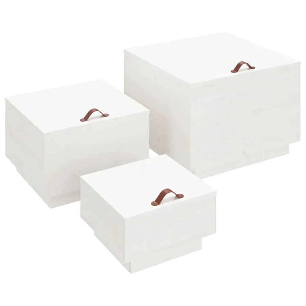 Caixas de arrumação com tampas 3 pcs pinho maciço branco em Polipropileno