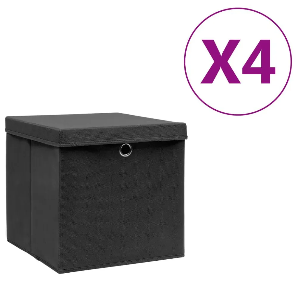 Cesto com Tampa Caixas de arrumação com tampas 4 pcs 28x28x28 cm preto
