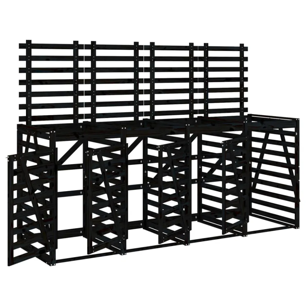 Abrigo para caixote do lixo quádruplo pinho maciço preto Design Slim