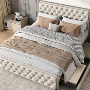 Cama 160 x 200 cm com 4 gavetas - cabeceira regulável - base de ripas - linho - bege