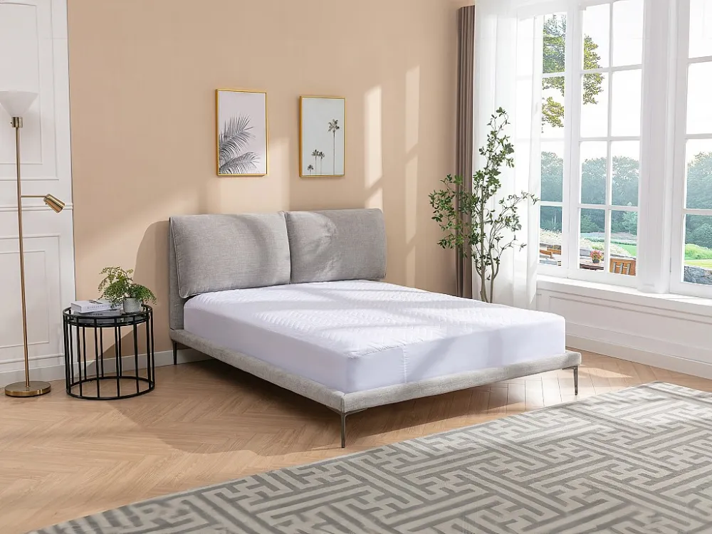 Cama 160x200 cm em tecido cinza matizado + colchão - RIMOTA
