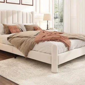 Cama de adulto acolchoada em veludo - 140x200 cm - com base de ripas - Bege