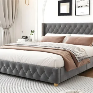 Cama de adulto acolchoada em veludo - 160x200cm - com base de ripas - Cinza