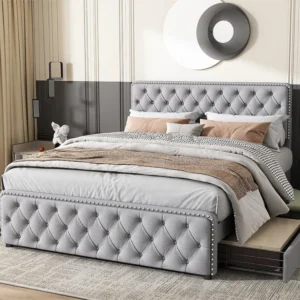 Cama de adulto estofada 140x190cm com 4 gavetas - tecido linho - com cabeceira regulável e base de ripas - Cinza