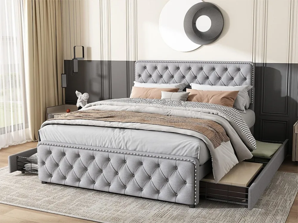 Cama de adulto estofada 140x190cm com 4 gavetas - tecido linho - com cabeceira regulável e base de ripas - Cinza