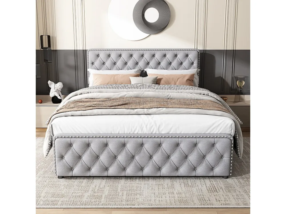 Cama de adulto estofada 140x190cm com 4 gavetas - tecido linho - com cabeceira regulável e base de ripas - Cinza