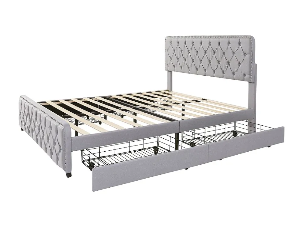 Cama de adulto estofada 140x190cm com 4 gavetas - tecido linho - com cabeceira regulável e base de ripas - Cinza