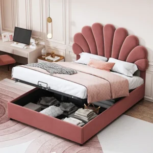 Cama de armazenamento 140 x 200 cm com cabeceira ajustável - estofada em veludo - base de ripas - rosa