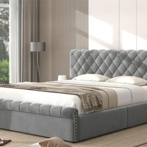 Cama de armazenamento 140 x 200 cm com cabeceira ajustável - veludo - base de ripas - estilo escandinavo - cinza