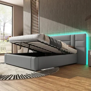 Cama de armazenamento 160 x 200 cm com cabeceira enorme - Couro PU - LEDs - Base de ripas - Cinza (sem colchão)