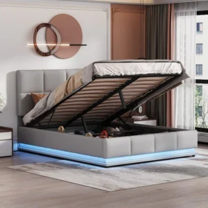 Cama de armazenamento com cabeceira ajustável - 140 x 200 cm - LEDs - tecido PU - base de ripas - cinza