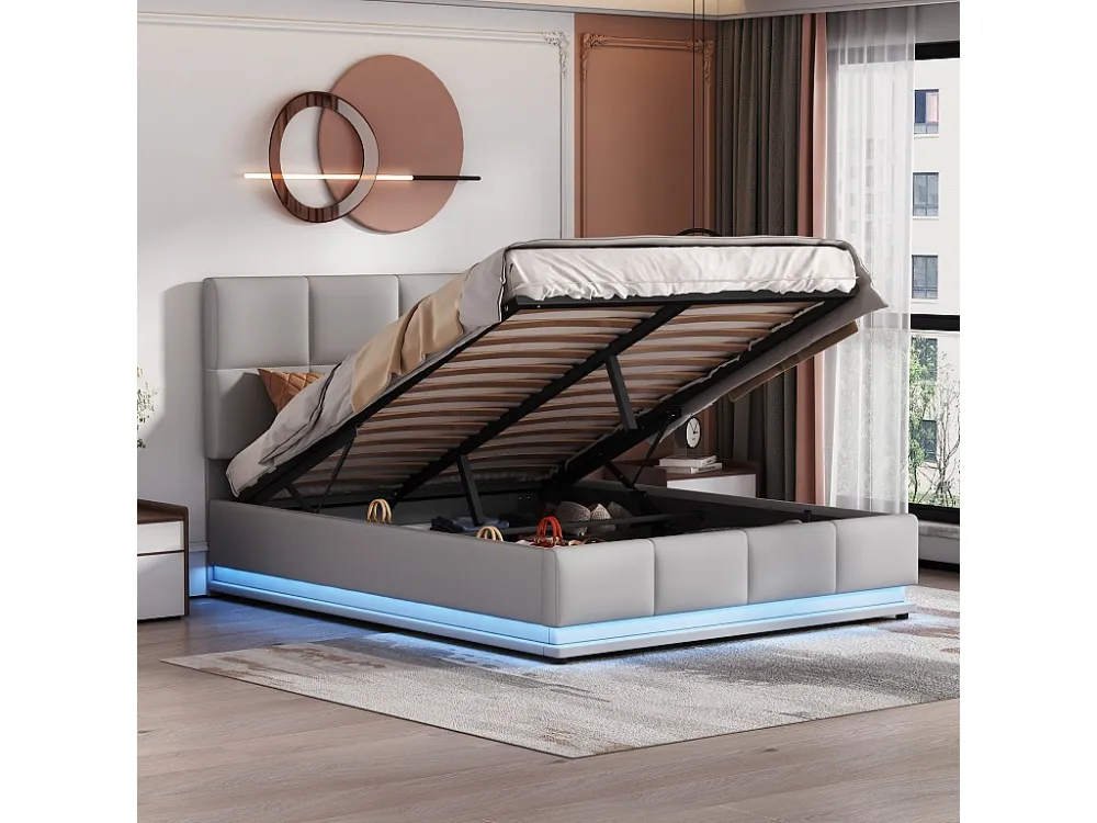 Cama de armazenamento com cabeceira ajustável - 140 x 200 cm - LEDs - tecido PU - base de ripas - cinza