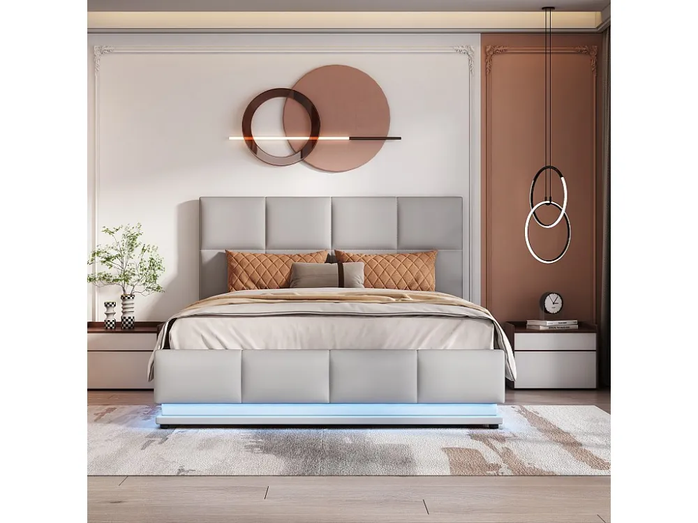 Cama de armazenamento com cabeceira ajustável - 140 x 200 cm - LEDs - tecido PU - base de ripas - cinza
