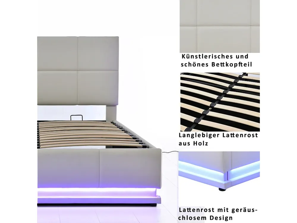 Cama de armazenamento com cabeceira ajustável - 140 x 200 cm - LEDs - tecido PU - base de ripas - cinza