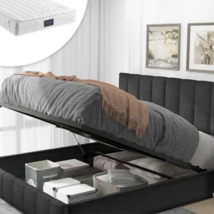 Cama de arrumação 140 x 200 cm - tecido de linho - base de ripas - cor cinza + colchão