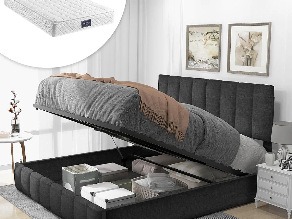 Cama de arrumação 140 x 200 cm - tecido de linho - base de ripas - cor cinza + colchão