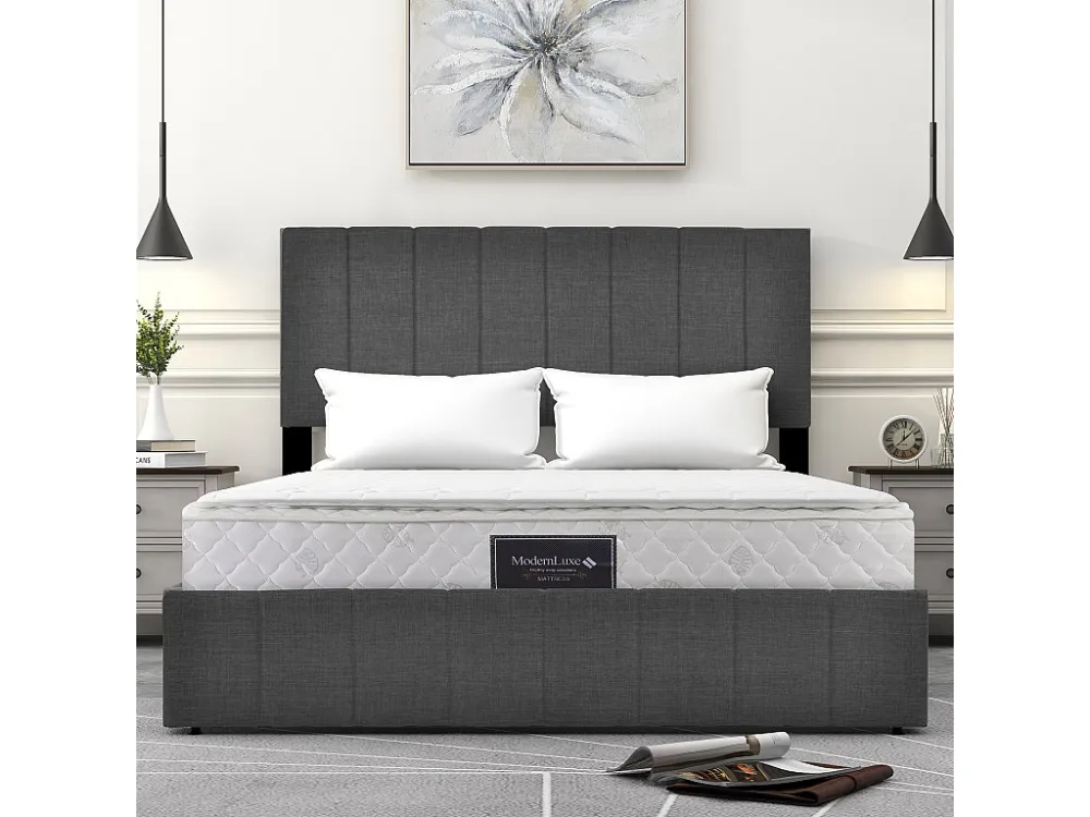 Cama de arrumação 140 x 200 cm - tecido de linho - base de ripas - cor cinza + colchão