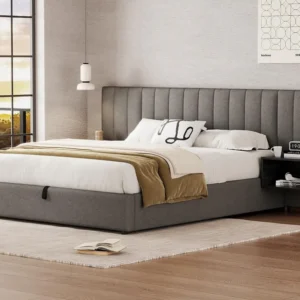 Cama de arrumação 160x200cm em tecido de linho - com 2 mesas de cabeceira e base de ripas - Cinza