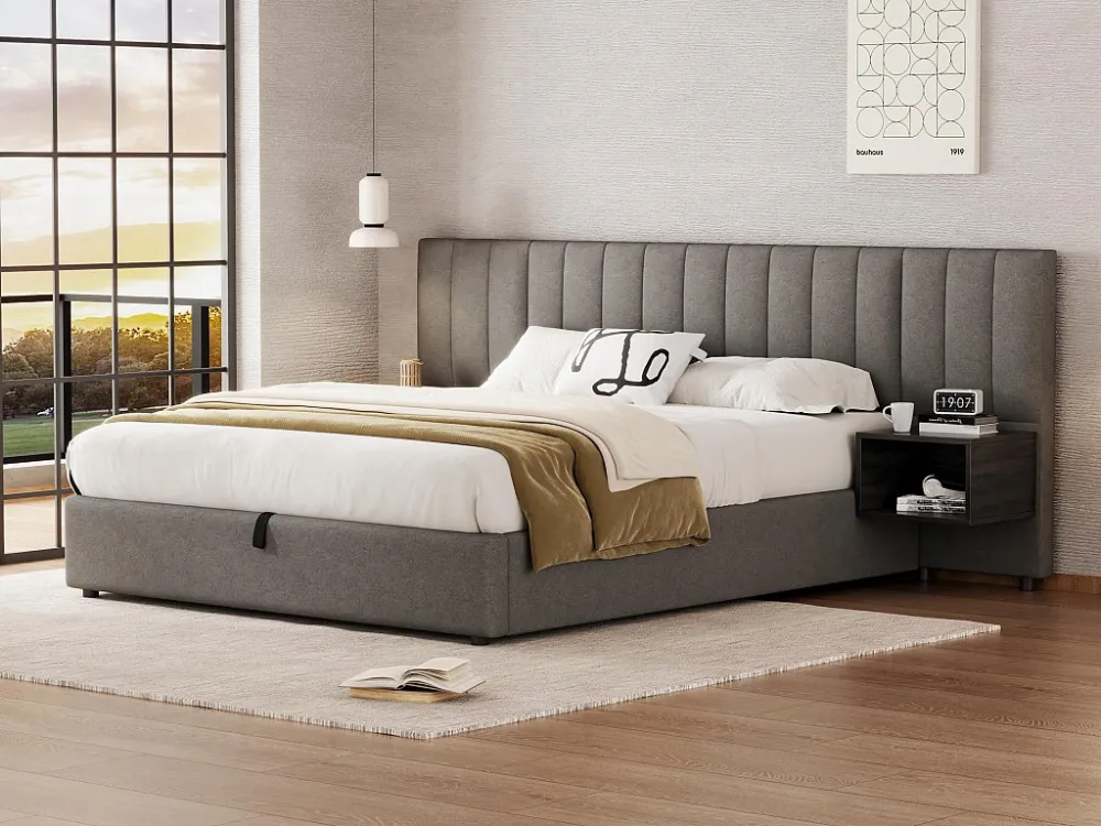 Cama de arrumação 160x200cm em tecido de linho - com 2 mesas de cabeceira e base de ripas - Cinza
