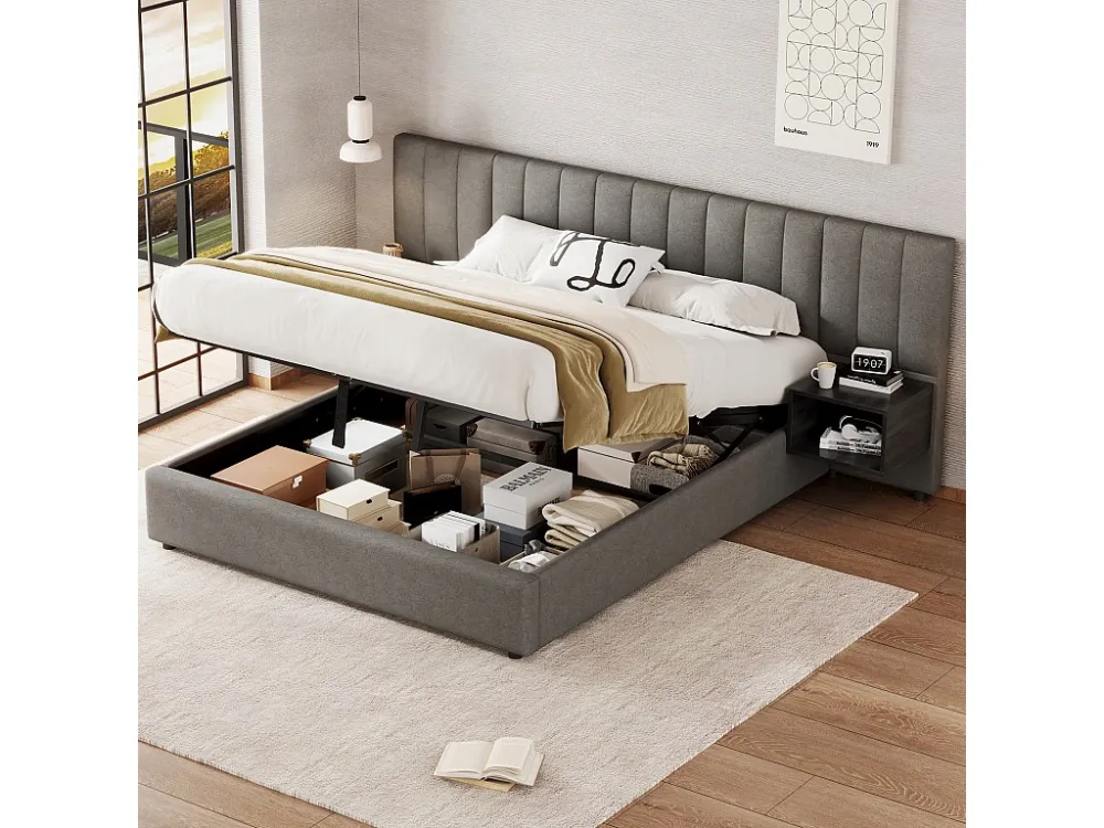 Cama de arrumação 160x200cm em tecido de linho - com 2 mesas de cabeceira e base de ripas - Cinza