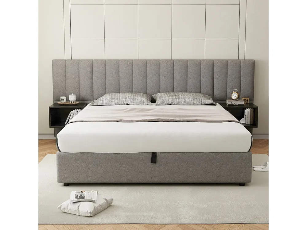 Cama de arrumação 160x200cm em tecido de linho - com 2 mesas de cabeceira e base de ripas - Cinza