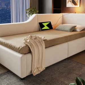 Cama de arrumação 90x200cm - Sofá cama em veludo - com luz de leitura e portas de carregamento - com base de ripas - Bege