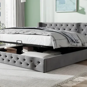 Cama de arrumação com arrumação - 140 x 200 cm - veludo - base de ripas - estilo escandinavo - cor cinza