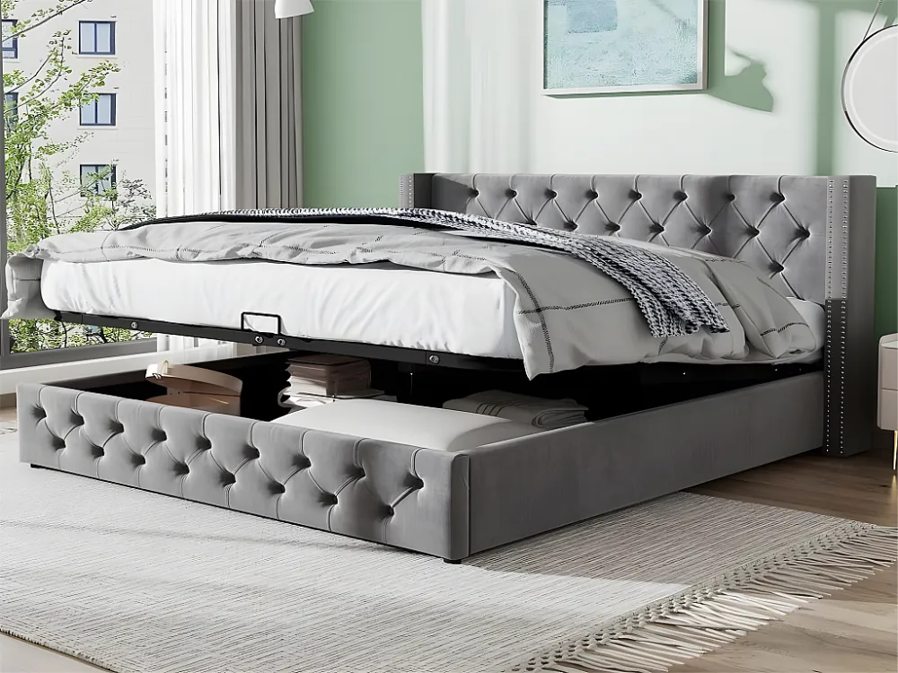 Cama de arrumação com arrumação - 140 x 200 cm - veludo - base de ripas - estilo escandinavo - cor cinza