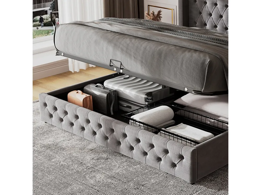 Cama de arrumação com arrumação - 140 x 200 cm - veludo - base de ripas - estilo escandinavo - cor cinza