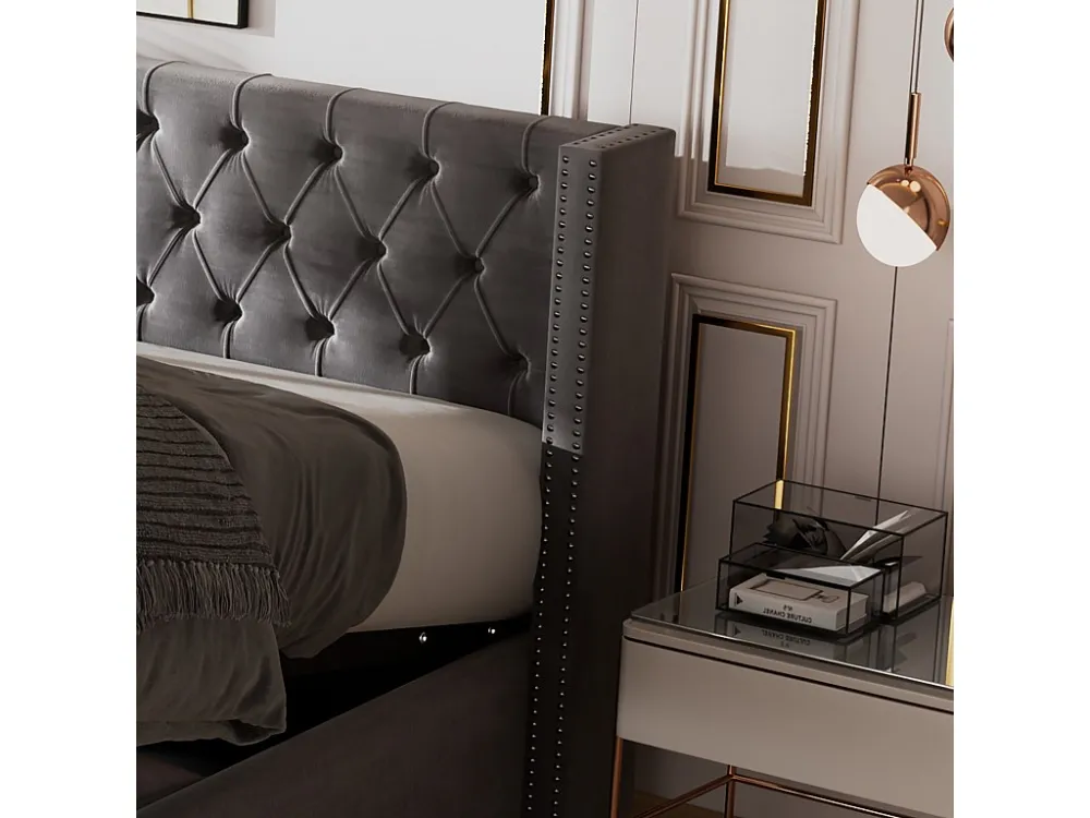 Cama de arrumação com arrumação - 140 x 200 cm - veludo - base de ripas - estilo escandinavo - cor cinza