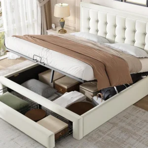 Cama arrumação com cabeceira - 140 x 200 cm - 2 gavetas - veludo - base de ripas - estilo contemporâneo - branco