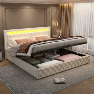 Cama arrumação com cabeceira - 180 x 200 cm - Couro PU - LEDs - Base de ripas - branco