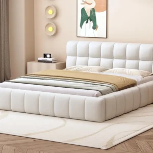Cama de casal estofada em tecido de linho 140x200cm - com costas grossas e base de ripas - Bege