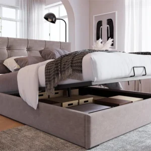 Cama com arrumação 90 x 200 cm - Veludo - Cabeceira ajustável - Base de ripas - Cinza evidente