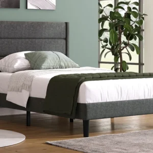 Cama com cabeceira - 90 x 200 cm - tecido de linho - base de ripas - cinza