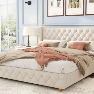 Cama com cabeceira acolchoada - 140 x 190 cm - tecido de linho - base de ripas - cor bege