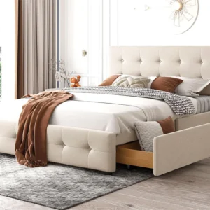 Cama com cabeceira ajustável e 4 gavetas de arrumação - 140 x 200 cm - tecido veludo - base de ripas - bege