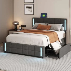 Cama com cabeceira e arrumação - 140 x 200 cm - 4 gavetas - tecido de linho - iluminação LED - base de ripas - cinza