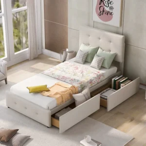 Cama com cabeceira e 2 gavetas - 90 x 200 cm - base de ripas - bege