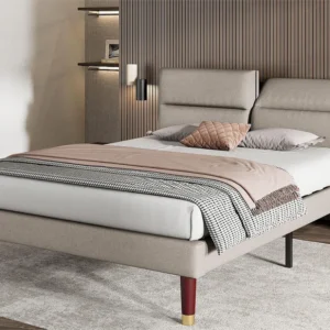 Cama com cabeceira regulável - 160 x 200 cm - tecido - cor cinza + base de ripas