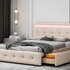 Cama com cabeceira regulável e 4 gavetas - 140 x 200 cm - tecido de linho - iluminação LED - base de ripas - bege