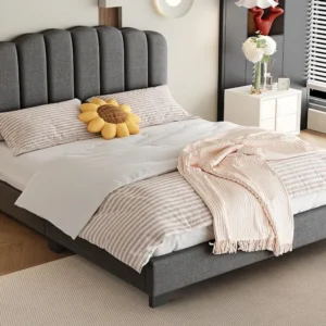 Cama dupla almofadada em linho - 140x200cm - com base de ripas - Cinza