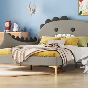Cama estofada 140 x 200 cm com cabeceira em forma de dinossauro, couro PU, base de ripas, cinza