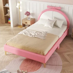 Cama estofada 140 x 200 cm com cabeceira - Pele PU - Base de ripas - Rosa