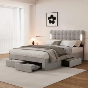 Cama estofada 140 x 200 cm com 4 gavetas e iluminação - veludo - base de ripas - cor cinza