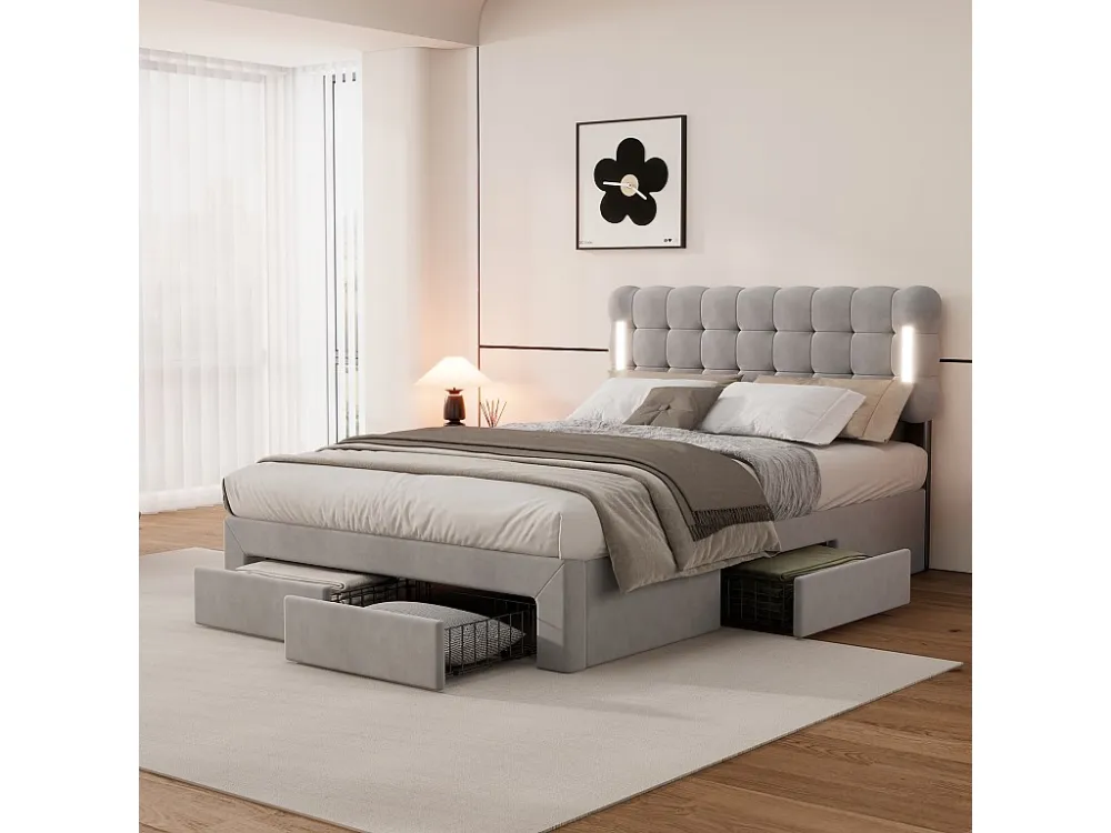 Cama estofada 140 x 200 cm com 4 gavetas e iluminação - veludo - base de ripas - cor cinza