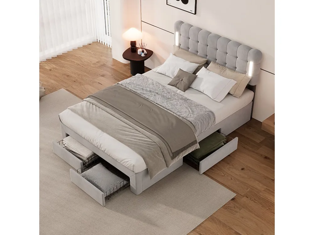 Cama estofada 140 x 200 cm com 4 gavetas e iluminação - veludo - base de ripas - cor cinza