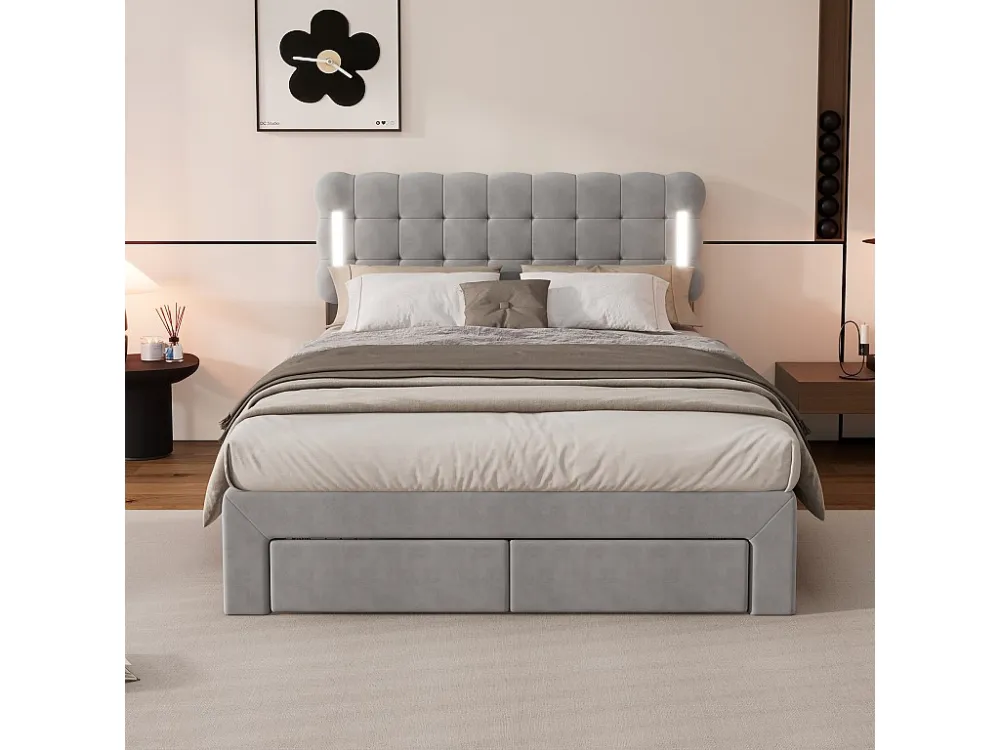 Cama estofada 140 x 200 cm com 4 gavetas e iluminação - veludo - base de ripas - cor cinza